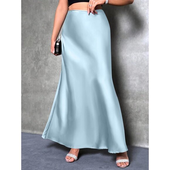 Women Baby Blue Maxi Dressy Casual Zipped High Waisted Silk Elegant Long Skirt - Picture 5 of 7